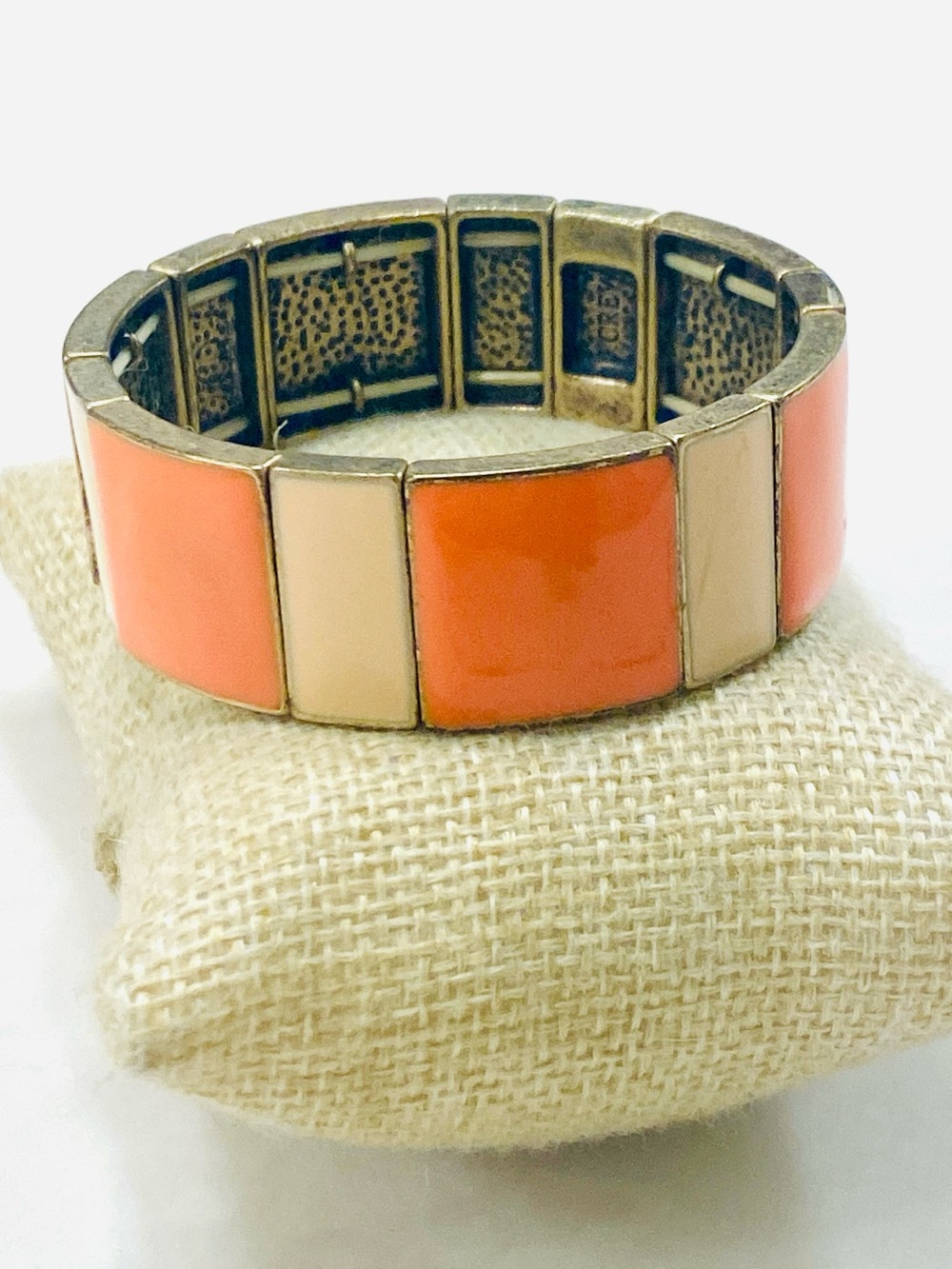 J.Crew Vintage Chunky Orange Coral Cream Enamel Block Tile Stretch Bracelet Gold